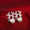 Sweet Christmas Reindeer Antler Stud Earrings With Faux Pearl Zircon Princess Festival Jewelry view 1