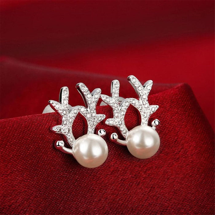 Sweet Christmas Reindeer Antler Stud Earrings With Faux Pearl Zircon Princess Festival Jewelry