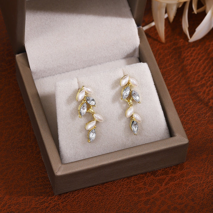 Elegant Wheat Leaf Pearl Tassel Alloy Rhinestone Zircon Luxury Fashion Drop Earrings