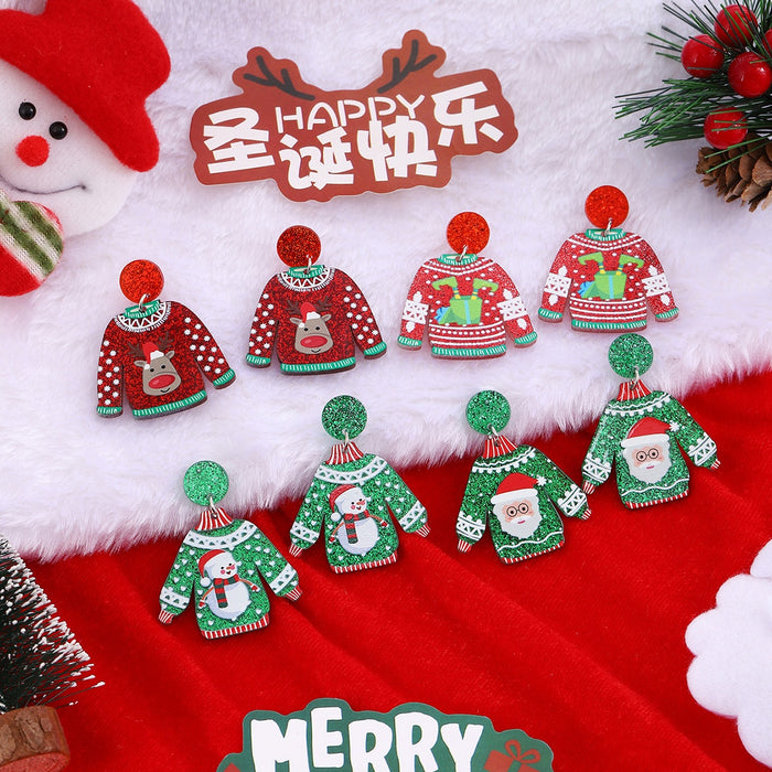 Christmas Sweater Acrylic Stud Earrings, Cartoon Santa Reindeer Snowflake Contrast Color Earrings