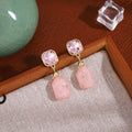 Elegant French Vintage Irregular Pink Zircon Square Studs With Alloy Gold Bead Sweet Drop Earrings view 1