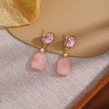 Elegant French Vintage Irregular Pink Zircon Square Studs With Alloy Gold Bead Sweet Drop Earrings view 4