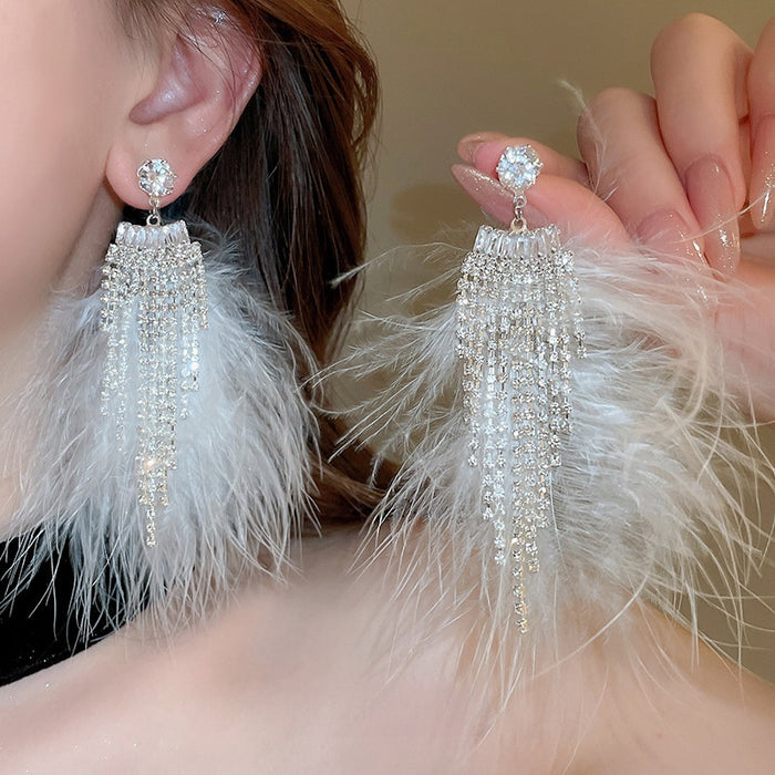 Chic Long Rhinestone Feather Tassel Drop Earrings For Women, Geometric Princess Style