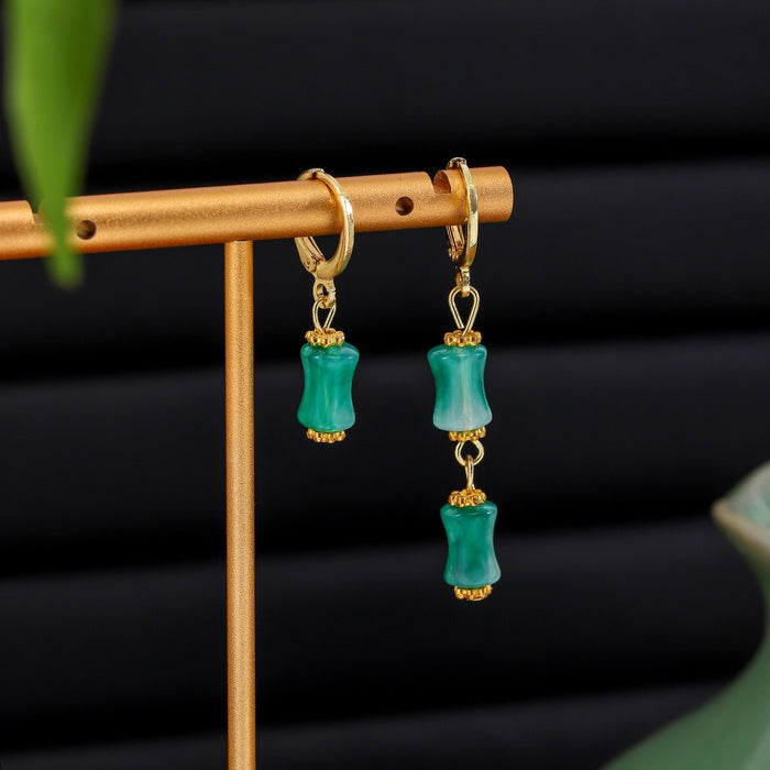 Light Luxury Chinese Style Asymmetric Cat Eye Stone Bamboo Segment Alloy Hoop Drop Dangle Earrings
