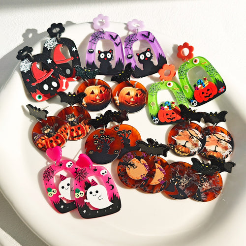 Halloween Cartoon Pumpkin Ghost Black Cat Acrylic Stud Earrings, Dark Style Fashion Ear Jewelry For Women