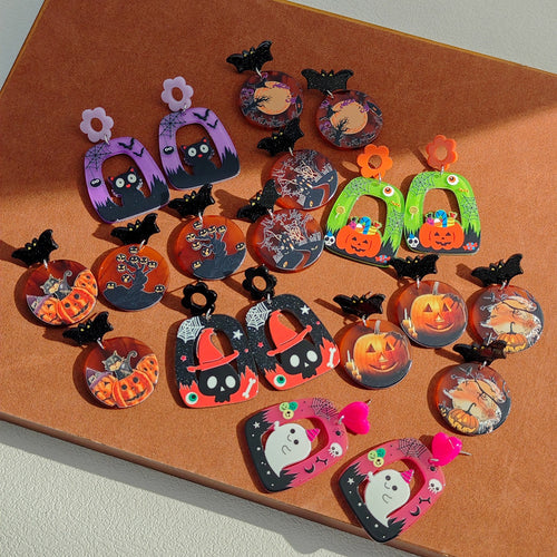 Halloween Cartoon Pumpkin Ghost Black Cat Acrylic Stud Earrings, Dark Style Fashion Ear Jewelry For Women