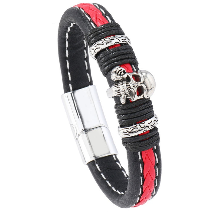 Hand Woven Leather Bracelet With Magnetic Clasp And Skull Head, European American Men's Accessory