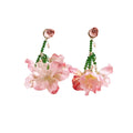 Vintage Red Fabric Rose Flower Dangle With Green Crystal Beads Alloy Studs Elegant Statement Earrings view 5