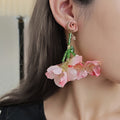 Vintage Red Fabric Rose Flower Dangle With Green Crystal Beads Alloy Studs Elegant Statement Earrings view 2