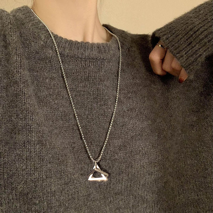 Stainless Steel Geometric Triangle Pendant Sweater Necklace Elegant Collarbone Chain