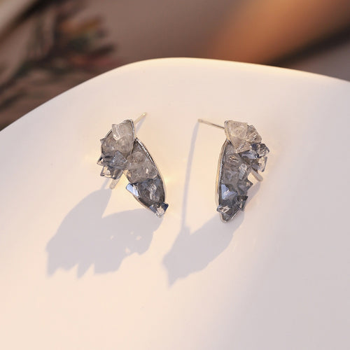 Elegant Gradient Blue Crystal Crushed Stone Leaf Zircon Silver Needle Stud Earrings