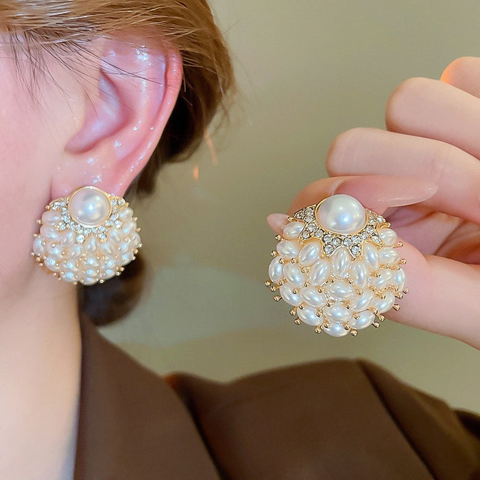 French Palace Style Faux Pearl Flower Cluster Stud Earrings For Women Elegant Geometric Round Jewelry