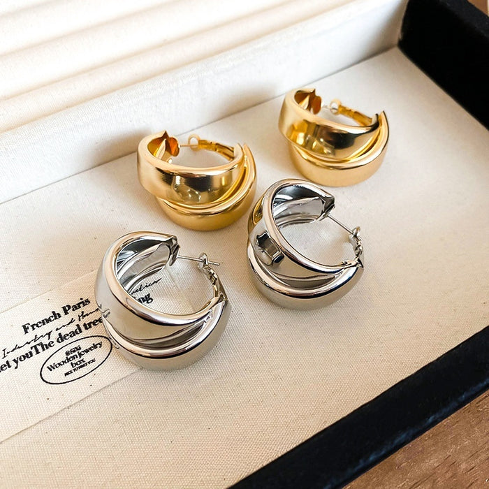 Minimalist Metal Double Layer Cross Round Hoop Earrings Geometric European Style Ear Jewelry