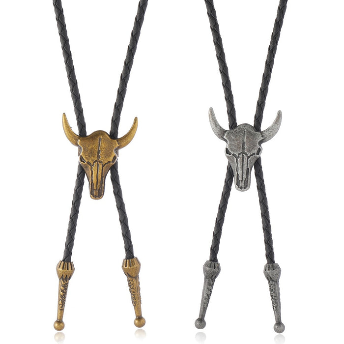 European American Vintage Bull Head Leather Sweater Chain, Creative Casual Bolo Tie Necklace