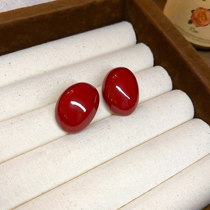 High-End Geometric Oval Red Enamel Bean Alloy Stud Earrings With Silver Pins
