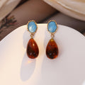 Vintage Hong Kong Style Blue Turquoise Resin Studs With Amber Acrylic Teardrop Dangle Alloy Earrings view 2