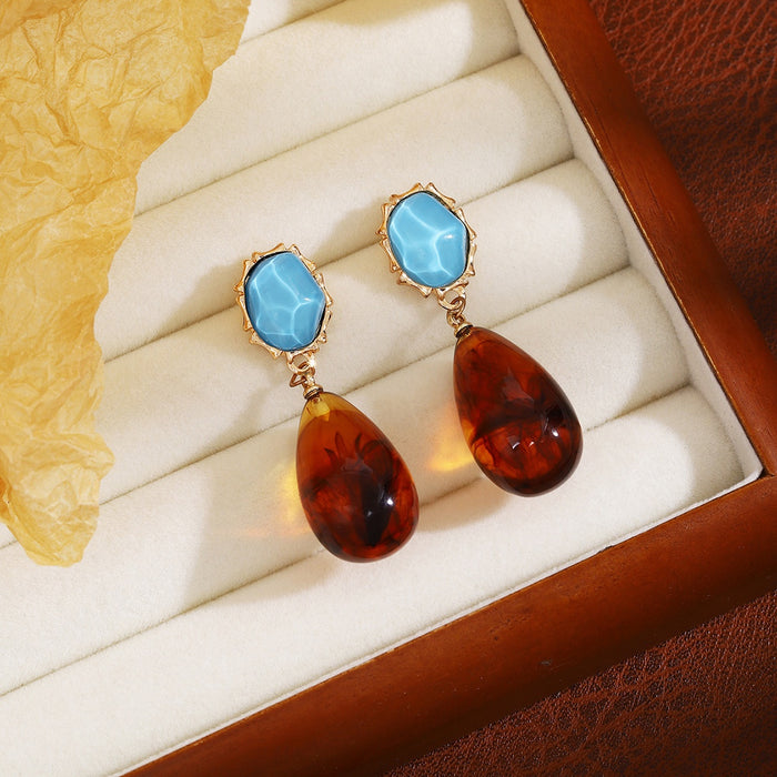 Vintage Hong Kong Style Blue Turquoise Resin Studs With Amber Acrylic Teardrop Dangle Alloy Earrings