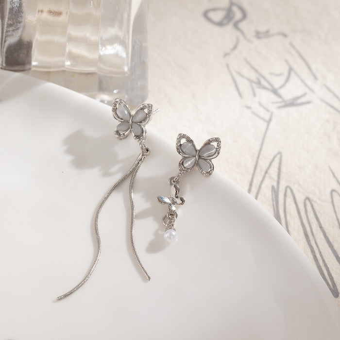 Elegant Asymmetric Cat Eye Butterfly Rhinestone Pearl Tassel Alloy Long Chain Drop Earrings