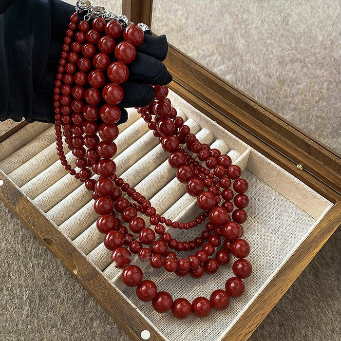 French Vintage Light Luxury Red Glass Bead Geometric Round Sweater Necklace For Women