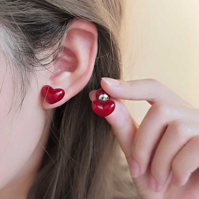 French Cherry Red Acrylic Heart Two Way Studs Sweet Elegant Silver Needle Fashion Earrings