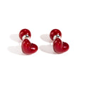 French Cherry Red Acrylic Heart Two Way Studs Sweet Elegant Silver Needle Fashion Earrings view 5