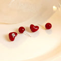 French Cherry Red Acrylic Heart Two Way Studs Sweet Elegant Silver Needle Fashion Earrings view 2