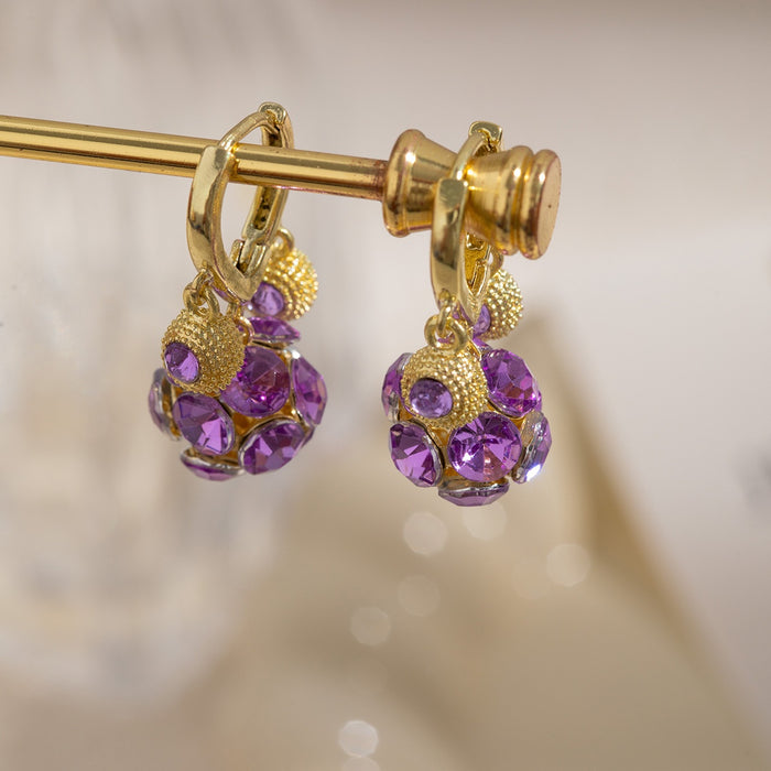 Vintage French Violet Rhinestone Durian Ball Hoop Dangle Luxury Alloy Crystal Women's Fashion Earrings