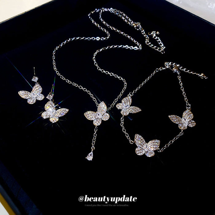 Elegant Copper Zircon Butterfly Earrings Bracelet Necklace Jewelry Set, French Princess Style
