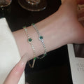 French Light Luxury Aquamarine Full Rhinestone Floral Copper Bangle Bracelet view 3