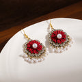 Elegant Vintage French Red Flower Rhinestone Pearl Tassel Gold Alloy Luxury Court Style Drop Earrings view 3