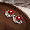 Elegant Vintage French Red Flower Rhinestone Pearl Tassel Gold Alloy Luxury Court Style Drop Earrings view 4