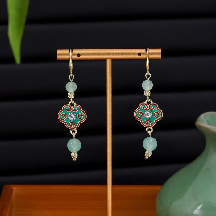 Elegant Vintage Chinese Style Green Enamel Cloud Ruyi Bead Tassel Zircon Alloy Hook Drop Earrings