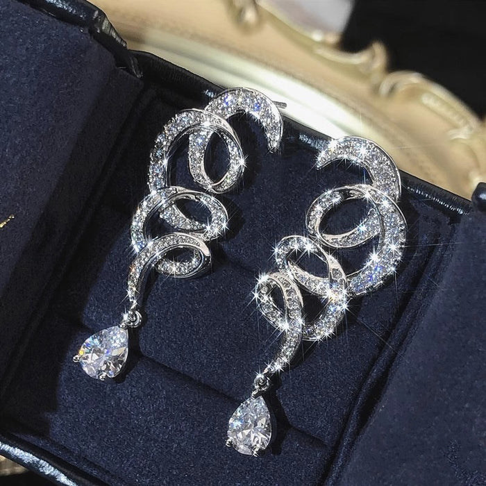 European American Geometric Line Drop Earrings For Women Zircon Shiny Teardrop Banquet Jewelry