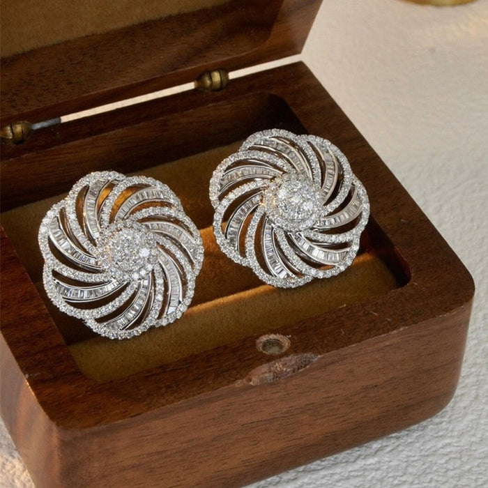 Zircon Inlaid Stud Earrings For Women, Geometric Line Floral Design Fashion Jewelry