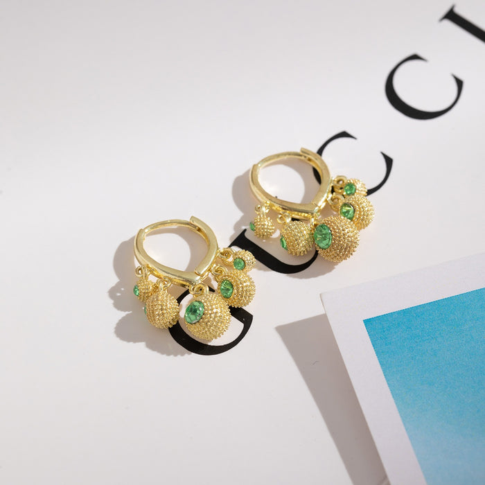 Elegant Vintage Gold Plated Alloy Durian Ball Green Rhinestone Charm Huggie Hoop Earrings