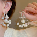 French Chic Copper Zircon Pearl Beaded Tassel Drop Earrings With Silver Posts view 1