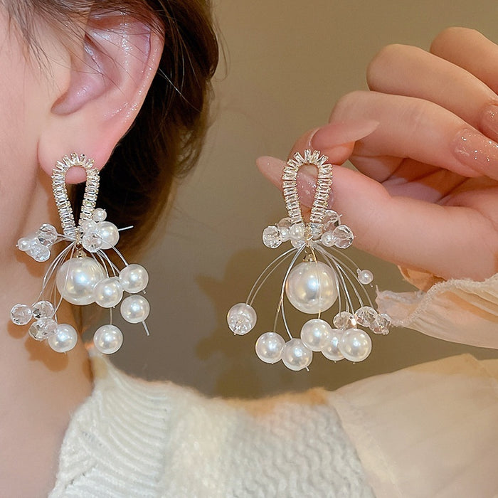 French Chic Copper Zircon Pearl Beaded Tassel Drop Earrings With Silver Posts