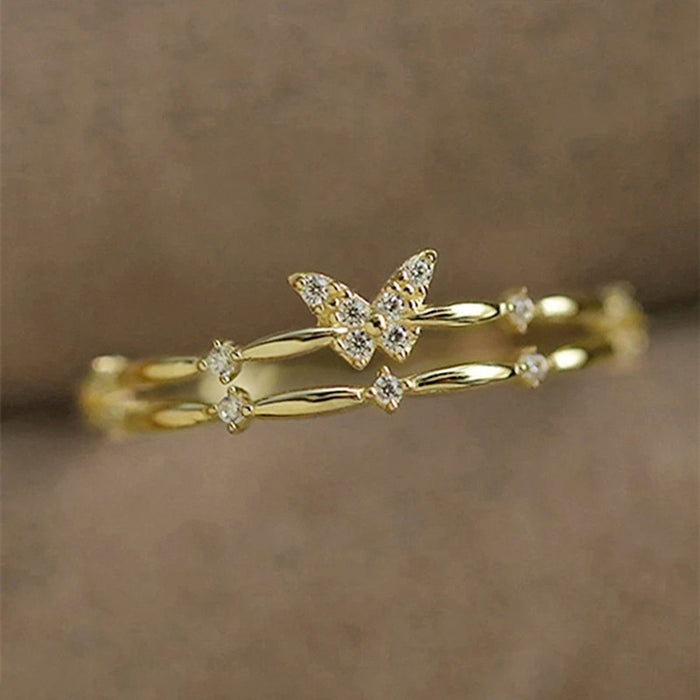 Korean Double Layer Butterfly Ring For Women, Zircon Inlaid Sweet Fashion Finger Jewelry