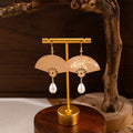 Vintage Chinese Style Carved Fan Alloy Earrings With Teardrop Pearl Tassel, Elegant Qipao Hook Earrings view 4