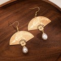 Vintage Chinese Style Carved Fan Alloy Earrings With Teardrop Pearl Tassel, Elegant Qipao Hook Earrings view 1
