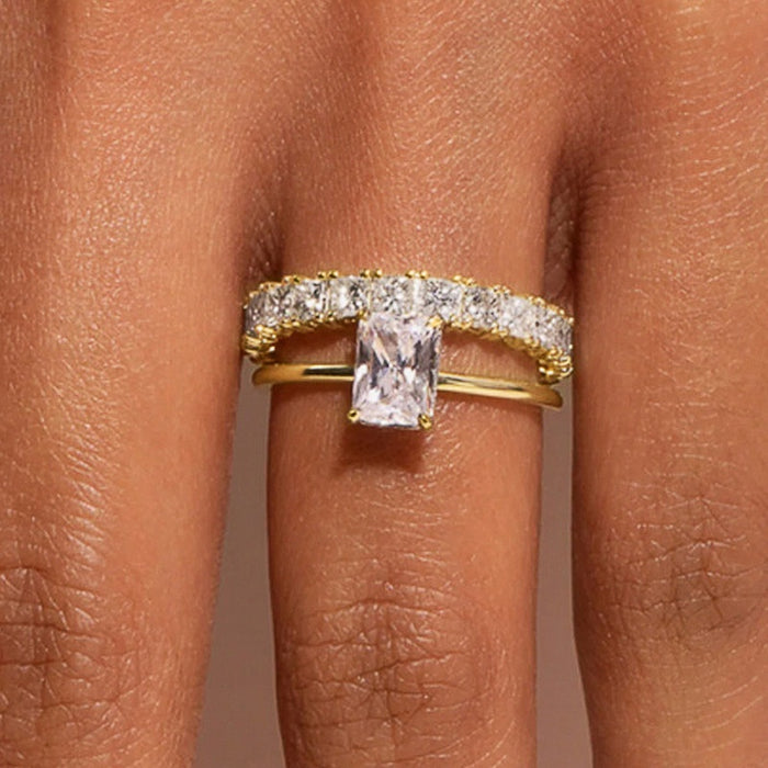 Stackable Couple Rings For Women With Square Zircon Inlay, Geometric Fashion Engagement Jewelry