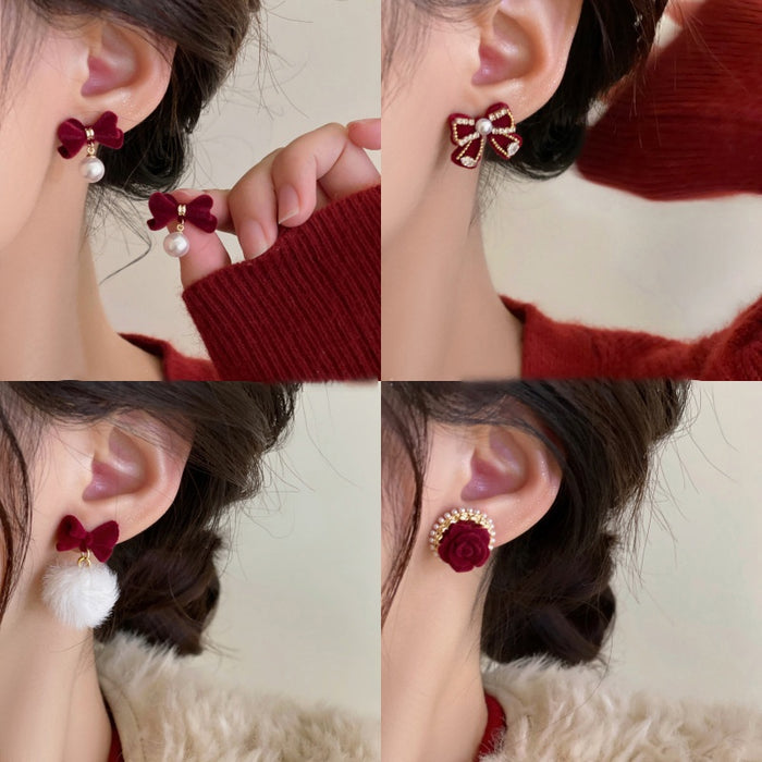 Chic Red Velvet Bow Pearl Stud Earrings Alloy Silver Needle Vintage Autumn Winter Jewelry