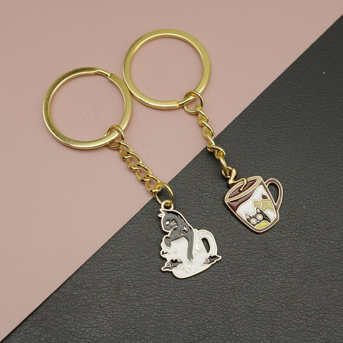 Metal Coffee Cat Keychain Bag Charm