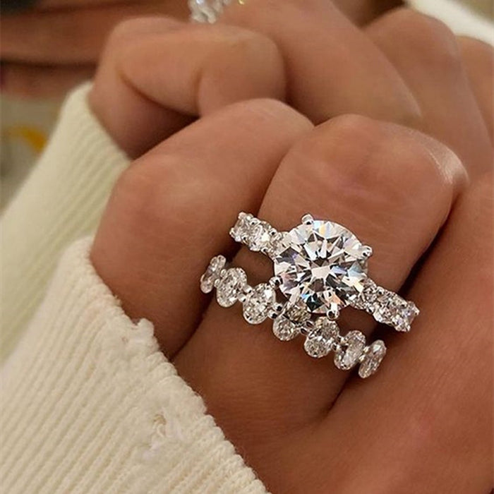 European Round Geometric Couple Ring For Women Fashion Zircon Inlaid Proposal Jewelry