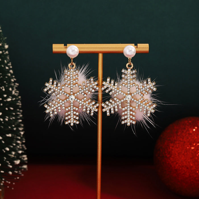 Luxury Christmas Plush Snowflake Rhinestone Pearl Drop Earrings, Winter Sweet Statement Earrings