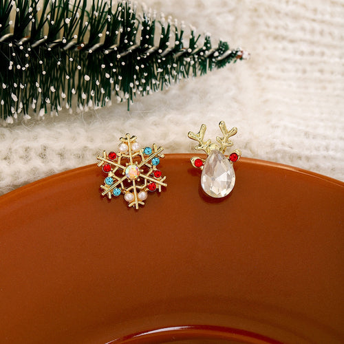 Luxury Christmas Asymmetric Snowflake Reindeer Gold Alloy Rhinestone Crystal Pearl Stud Earrings