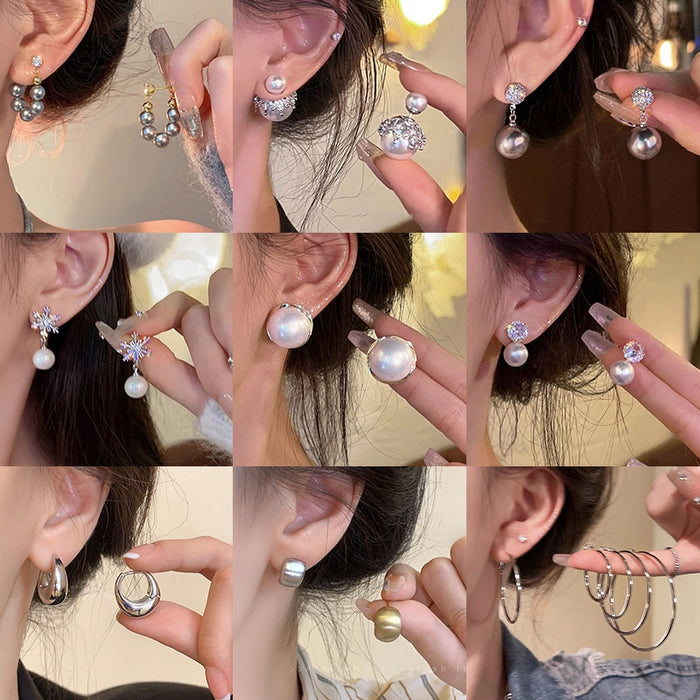 Light Luxury Copper Pearl Bow Tassel Chain Asymmetric Geometric Stud Earrings For Women