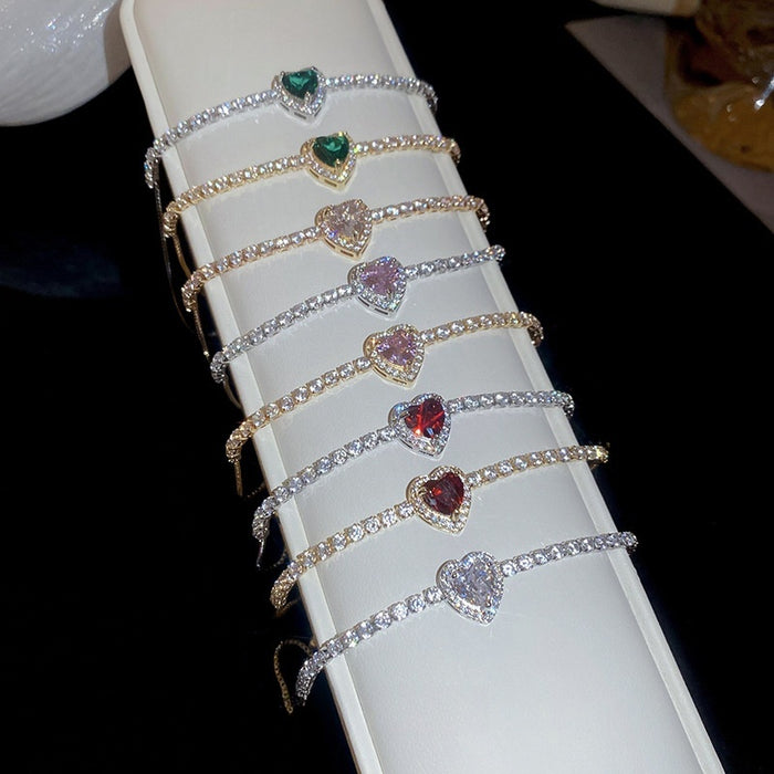 2026 New Colorful Crystal Heart Copper Bangle, Elegant Style Luxury Fashion Bracelet