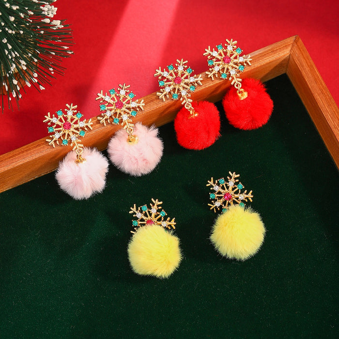 Elegant Christmas Snowflake Alloy Rhinestone Crystal Fuzzy Pom Pom Pendant Drop Dangle Earrings
