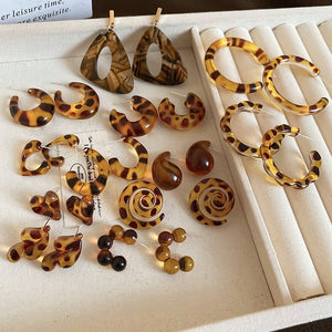 Hong Kong Style Vintage Leopard Print Resin Geometric Stud Earrings With Ring Line Design